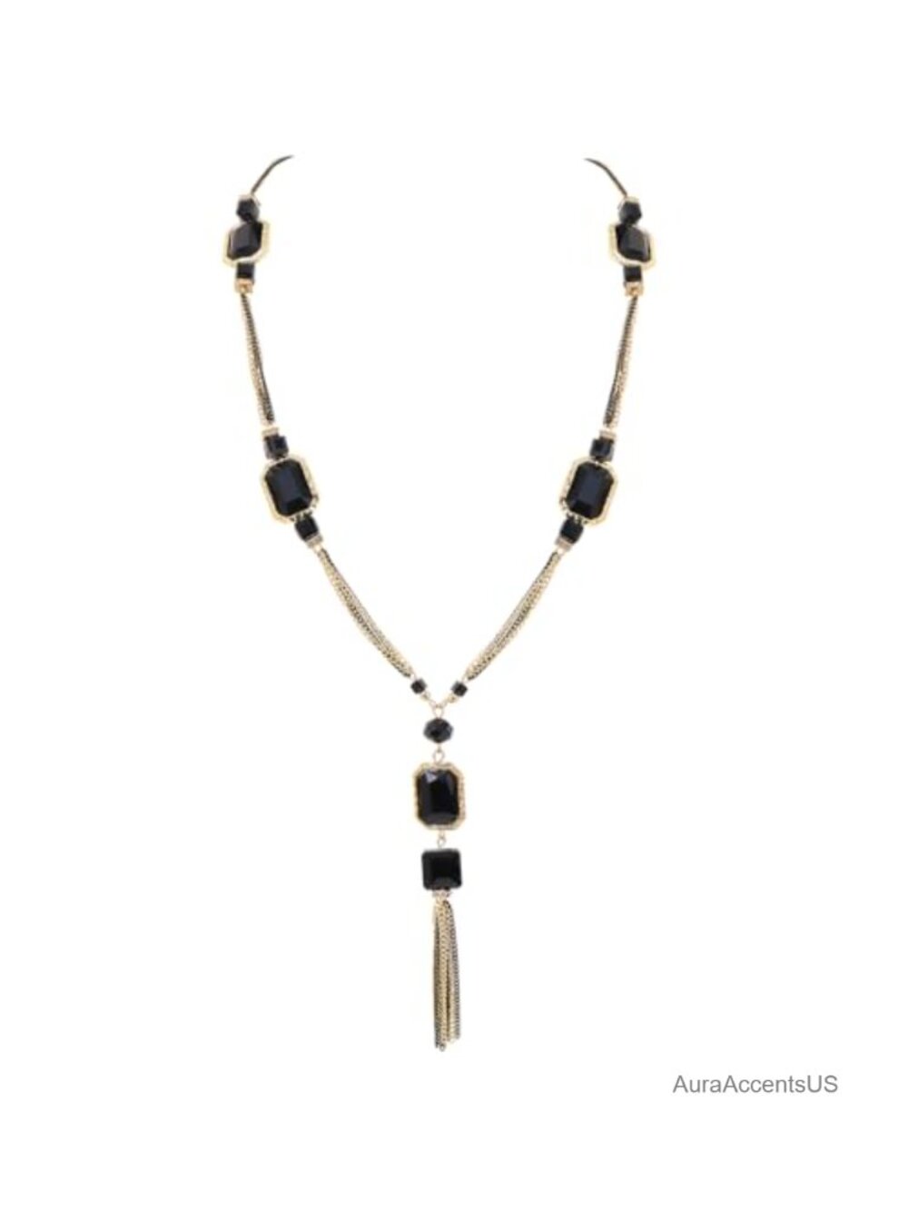 Long Statement Necklace Golden Chain Crystal Pendant with Tassel Extender